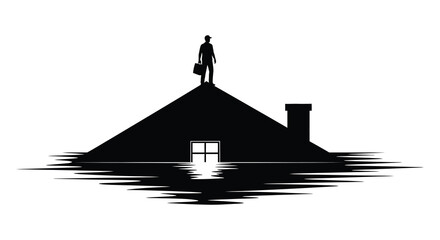 A lone figure stands atop a house partially submerged in water creating a dramatic silhouette high quality professional detailed modern elegant © mrvect02