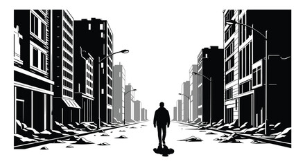 A lone figure stands amidst the rubble of a destroyed city street viewed from a dramatic perspective silhouette high quality professional © mrvect02