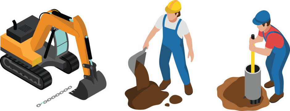 isometric construction workflow with excavator digging, worker handling soil, ground compaction process, foundation preparation, heavy machinery, engineering illustration concept