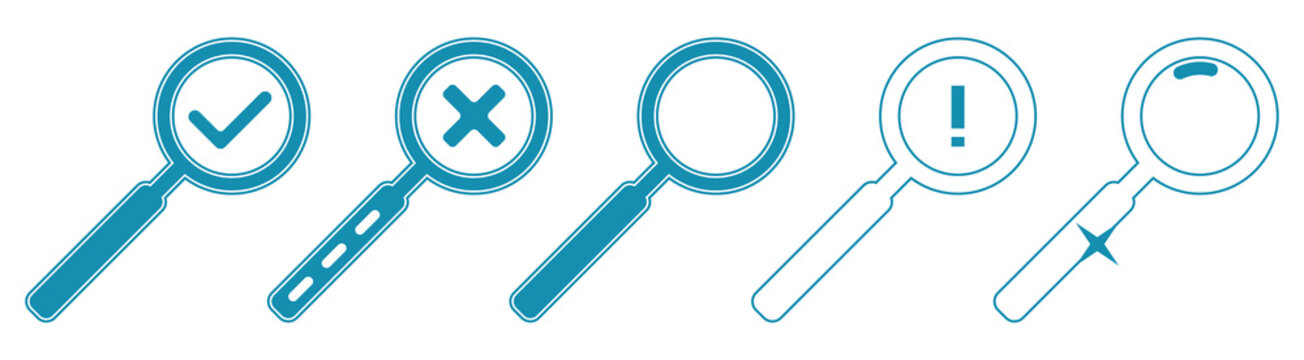 Search results and status icons set in checkmark, cross. plain, glass, exclamation mark and hyphen. search icons template color editable. Vector illustration.