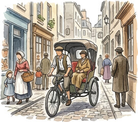 Obraz premium Vintage Pedicab Rickshaw Bicycle Carrying Passengers on Cobblestone Street Illustration