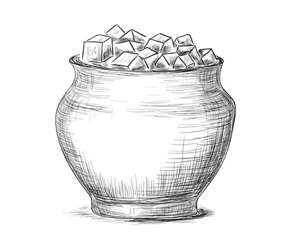 Shugar pot. Vector engraved illustration.