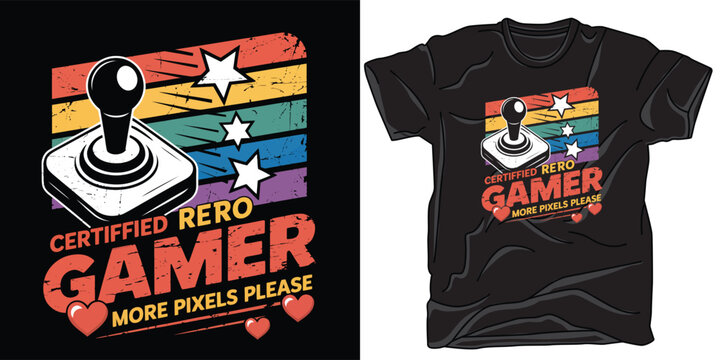 Certified retro gamer more pixels please t-shirt design with a vintage joystick artwork.