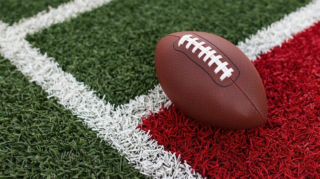 American football resting on a vibrant stadium turf with team colors in background isolated on white background