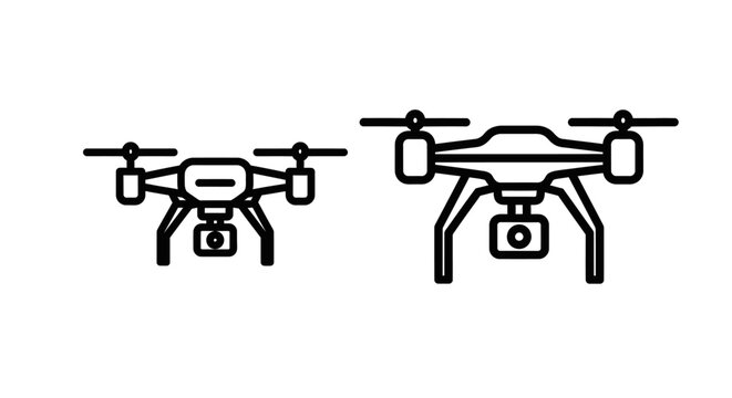 Drone icons, vector illustration of two different quadcopter aerial vehicles with cameras, simple line art symbols for aerial photography and surveillance technology