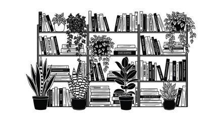 A detailed bookshelf filled with books and various plants rendered as a striking black silhouette high quality professional modern elegant stylish © mrvect02