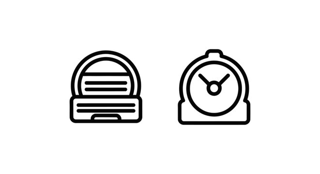 Minimalist vector icons featuring a computer terminal window and an analog alarm clock, clean black line art symbols for technology, time management, and coding concepts on white background