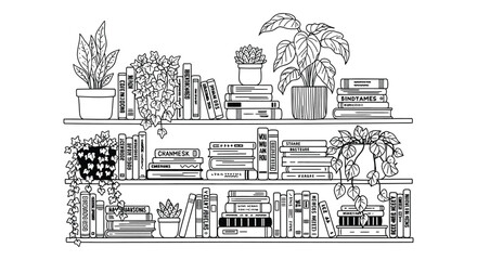 A minimalist black and white illustration depicts bookshelves filled with books plants and decorative items a striking silhouette high quality professional detailed modern © mrvect02