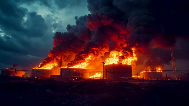 Industrial facility engulfed in flames with thick smoke rising into night sky showing large scale fire emergency and destruction scene