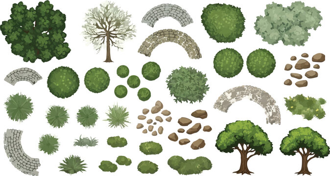 Landscape design elements set with 36 vector icons, top view garden plan symbols including green trees and bushes, stone path walkways and rocks for architectural site mapping isolated PNG with