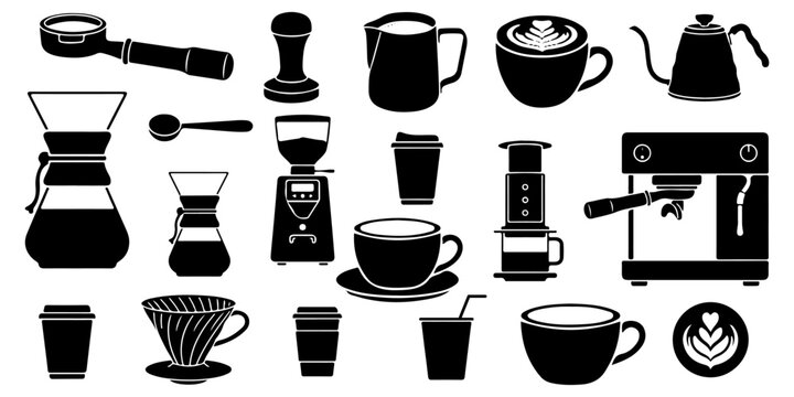 Professional barista tools and specialty coffee brewing equipment black silhouettes set. espresso machine, grinder, tamper, and alternative brewing, isolated.