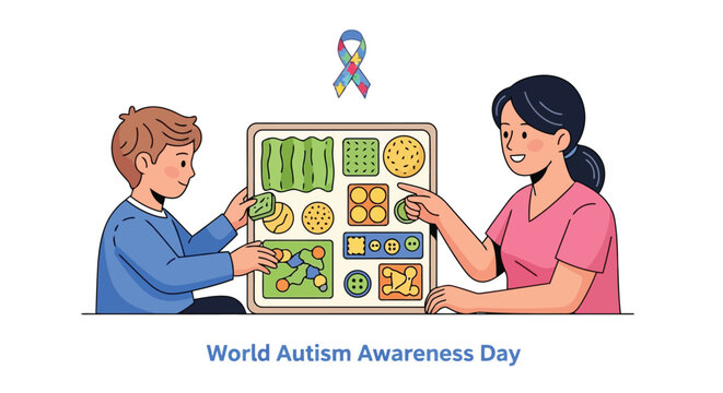 Teacher and child using a visual learning board for autism support