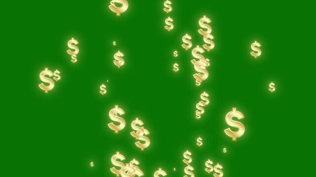 Dynamic golden dollar sign rotation on green screen background, 3D USD symbol falling and looping, vibrant wealth animation, seamless dollar rain effect with transparent alpha channel 4K video
