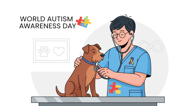 Veterinarian examining dog for world autism awareness day community event