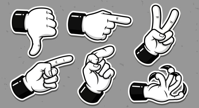 Assorted cartoon hand gestures including thumbs down, pointing finger, peace sign, and pinching action on a gray background.