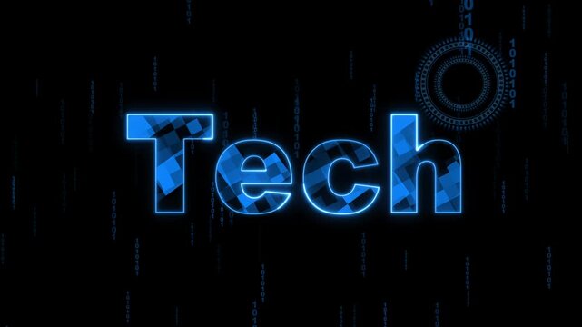 Tech word with blue neon glow and digital pixel pattern. Tech word animation for technology themes. Tech word visual for digital projects.