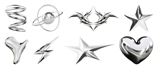 Fototapeta premium PNG Futuristic metallic abstract shapes, element set on transparent background