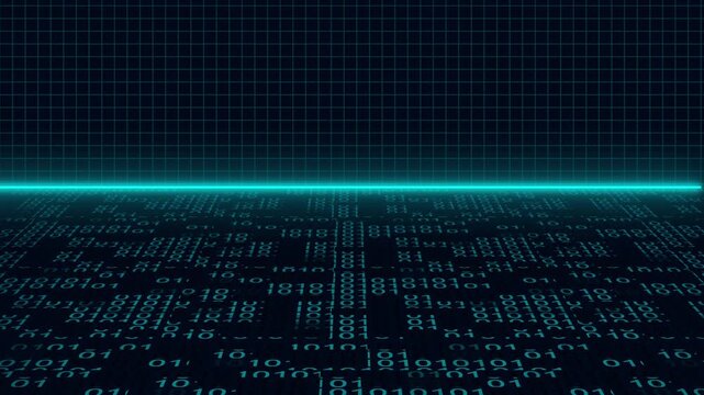 Digital horizon scan over glowing binary code data field. Digital horizon scan animation for sci-fi themes. Digital horizon scan visual for futuristic projects.