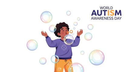 Fototapeta premium Young boy blowing bubbles for World Autism Awareness Day art