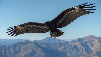 Fototapeta premium A magnificent large bird of prey with impressive wingspan soars effortlessly above rugged mountains under a clear blue sky.