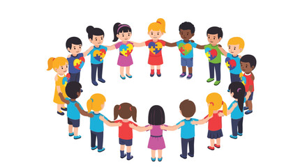 Fototapeta premium Diverse children holding hands in a circle for autism awareness