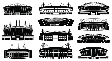 A collection of stadium outlines showcases diverse architectural designs presented as striking black silhouettes high quality professional detailed modern elegant stylish © mrvect02