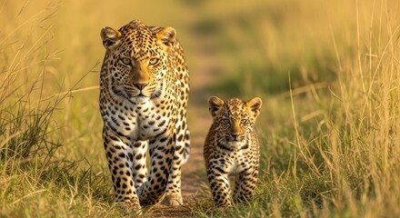 Naklejka premium Leopard mother and cub walking together along savanna path during golden hour.