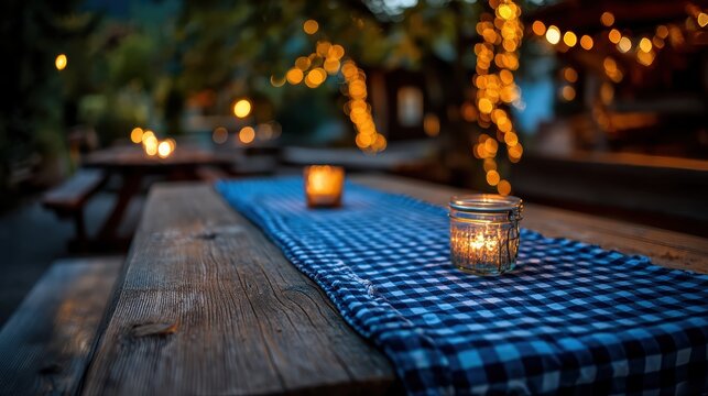 Rustic wooden table with blue white gingham runner and candlelight ambiance