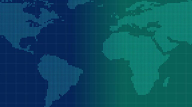 Digital grid overlay on a world map highlighting global connectivity. Digital grid overlay animation for technology and network concepts. Digital grid overlay visual for futuristic themes.