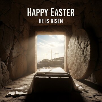 A pixelated image of a tomb with the words happy easter he is risen