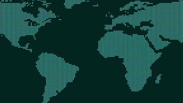 Pixelated world map in teal against a dark background. Pixelated world map animation for global and digital themes. Pixelated world map visual for technology projects.