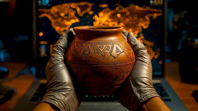 Gloved hands holding ancient clay pot with engraved patterns under warm lighting in archaeological workspace with historical artifacts