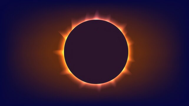 Total solar eclipse illustration with glowing corona and solar flares on dark background