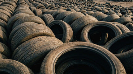 Obraz premium Stacked used car tires in outdoor storage yard with textured tread patterns and natural lighting