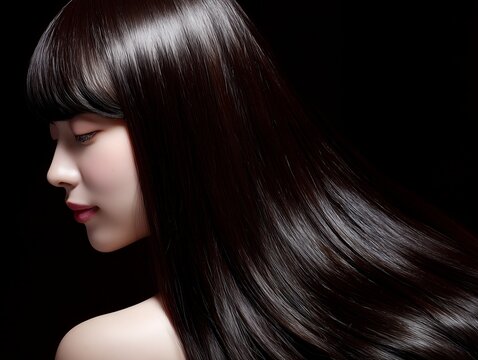 艶やかな黒髪が美しく光り輝くロングヘアの女性が横顔で佇むビューティーポートレート