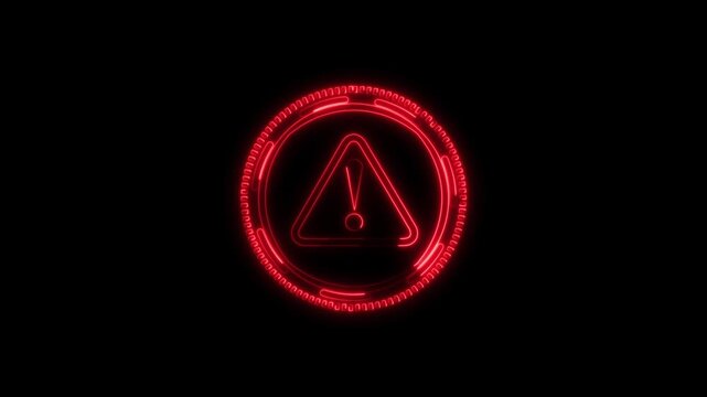 Neon triangle warning symbol glowing against dark background. Neon triangle warning symbol animation for safety concepts. Neon triangle warning symbol visual for alert themes.