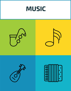 music outline icon set. 4 linear vector for ui, web and mobile. thin line jazz, thirty second note, mandolin, accordion icons.