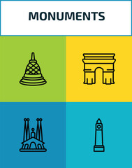 Obraz premium monuments outline icon set. 4 linear vector for ui, web and mobile. thin line borobudur, arc of triomphe, spain, clock tower icons.