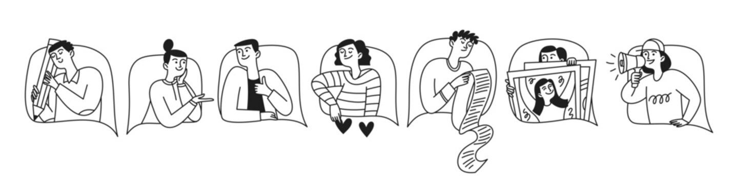 A doodle set of men and women interacting with each other via chat, video calls, messages, notifications, and reactions. Modern vector linear style hand drawn illustrations