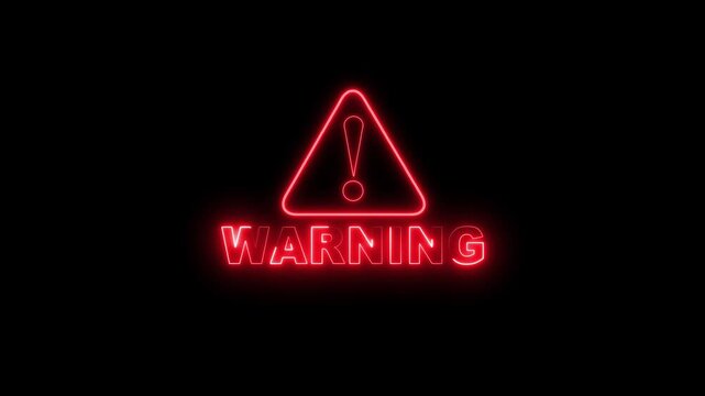 Neon warning sign with exclamation triangle against dark background. Neon warning sign animation for digital themes. Neon warning sign visual for modern alert projects.