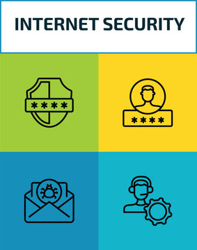 internet security outline icon set. 4 linear vector for ui, web and mobile. thin line pin code, authentication, spam, remote support icons.