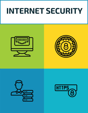internet security outline icon set. 4 linear vector for ui, web and mobile. thin line ethernet, internet, network adminstrator, https icons.
