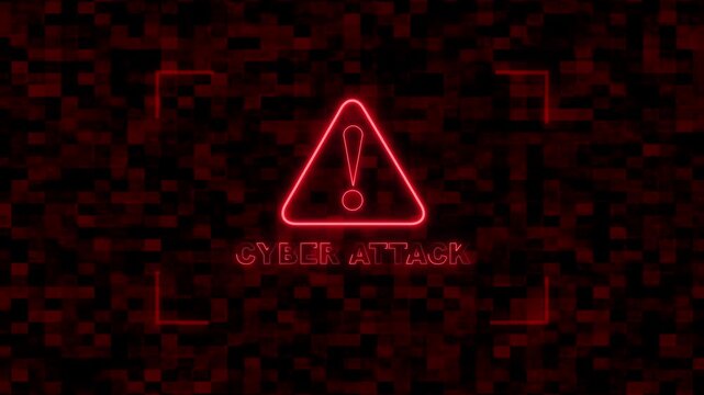 Neon warning sign indicating cyber attack on digital matrix background. Neon warning sign animation for cybersecurity concepts. Neon warning sign visual for technology themes.