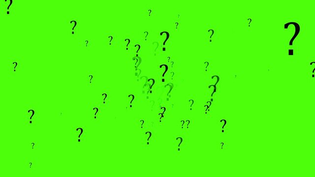 Mystery question marks floating against vibrant green backdrop. Mystery question marks animation for curiosity themes. Mystery question marks visual for digital projects.
