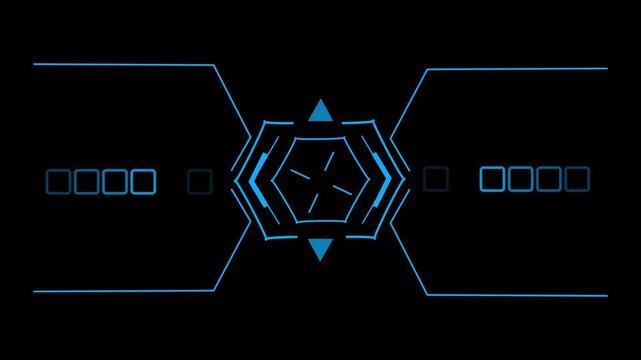 Futuristic geometric shape with glowing blue hexagonal lines against dark background. Futuristic geometric shape animation for technology themes. Futuristic geometric shape visual.
