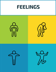 Fototapeta premium feelings outline icon set. 4 linear vector for ui, web and mobile. thin line alive human, sick human, full human, excited icons.
