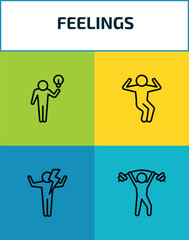 Fototapeta premium feelings outline icon set. 4 linear vector for ui, web and mobile. thin line inspired human, amused human, energized human, pumped icons.