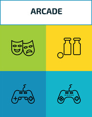 arcade outline icon set. 4 linear vector for ui, web and mobile. thin line theater, bottles ball, gamepad, controller icons. © Farahim