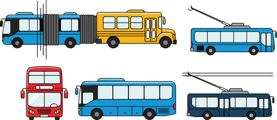 Colorful vector illustration of six different buses including school, trolley, double-decker, coach, and articulated designs for transportation themes © Mstmaymunakhatun