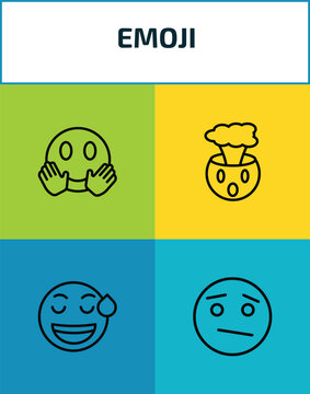 emoji outline icon set. 4 linear vector for ui, web and mobile. thin line hugging emoji, exploding head emoji, sweating confused icons.